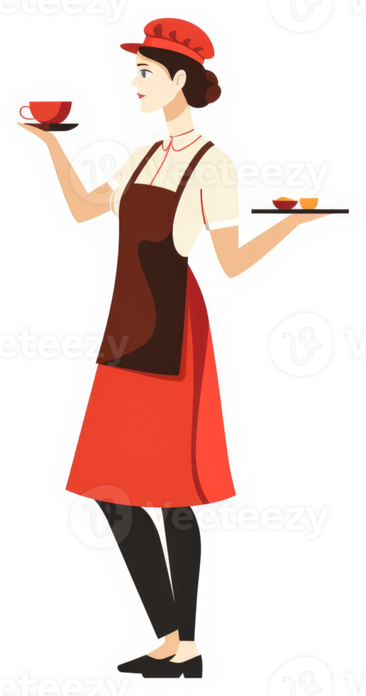 A woman in a red apron and cap, serving food on a tray. png