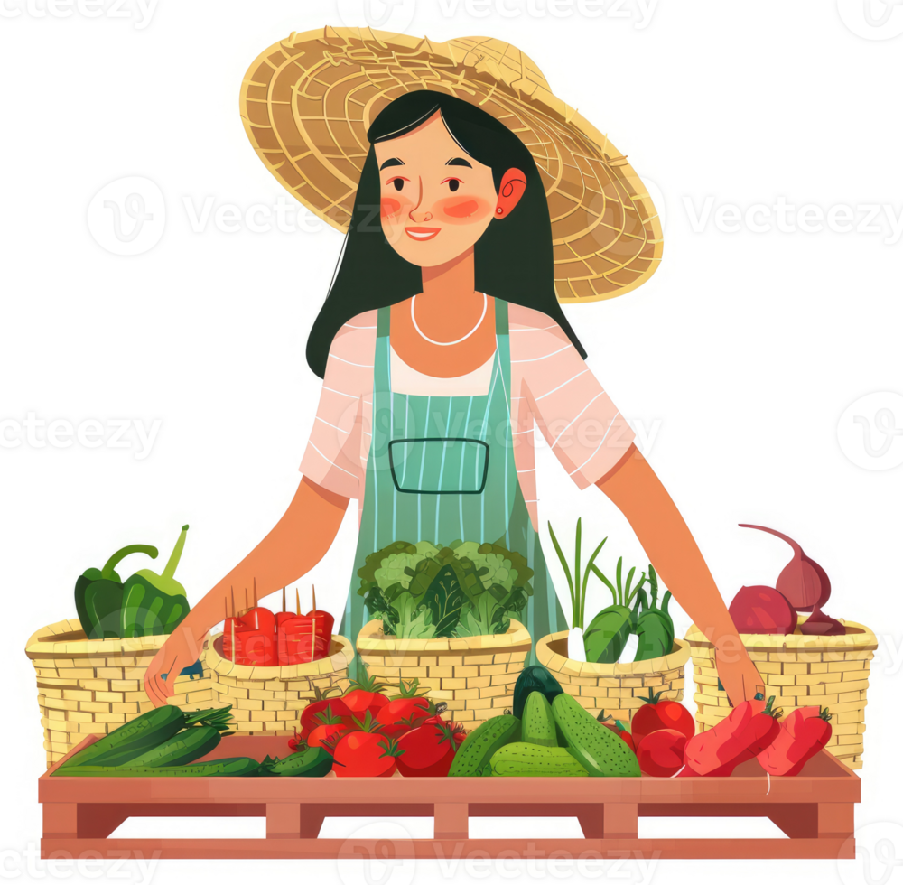 A smiling woman displays fresh produce in woven baskets on a wooden crate. png