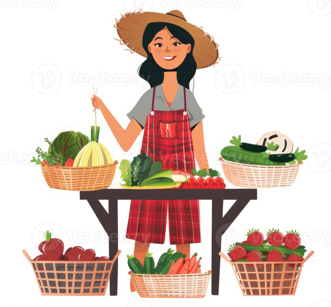 A friendly farmer stands at a table filled with fresh vegetables. png