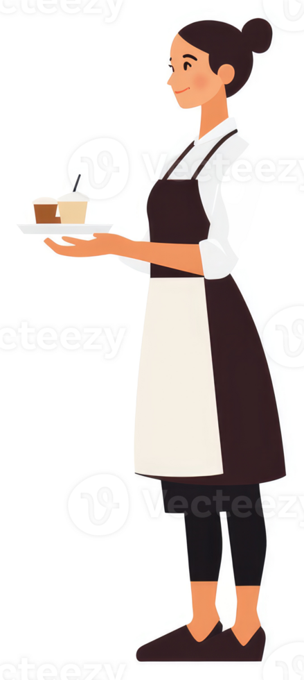 A woman wearing a cafe apron carrying a tray of coffee drinks. png