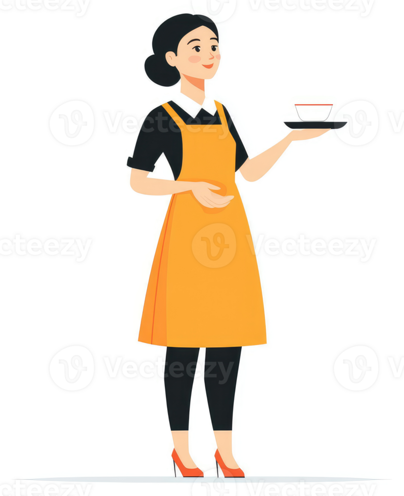 A smiling woman in an orange apron, holding a tray with a cup, depicts a friendly cafe worker. png