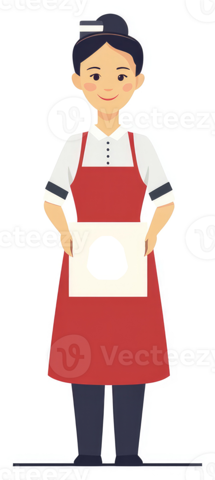 A smiling woman in a red apron holding a blank square. png