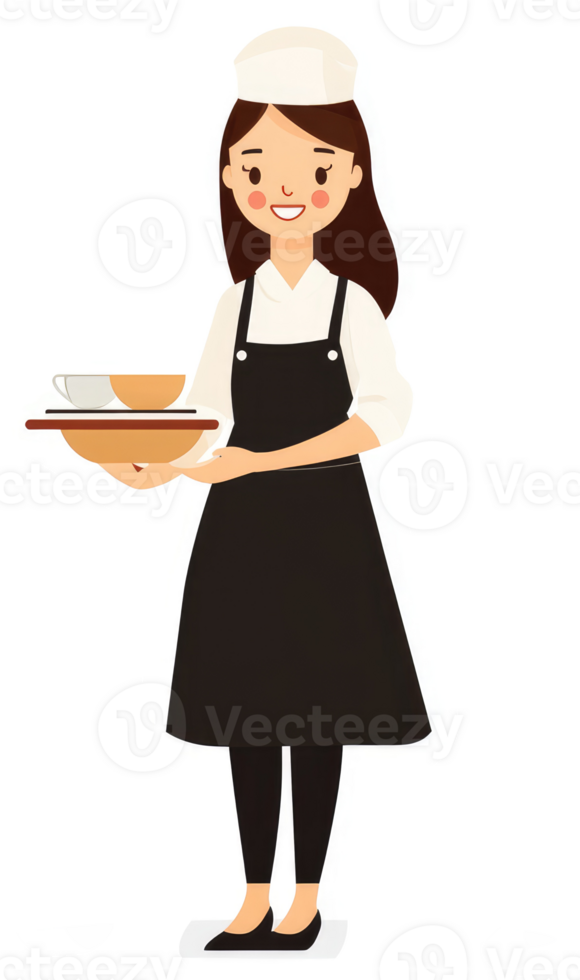 A cheerful cafe worker carrying a tray of drinks. png