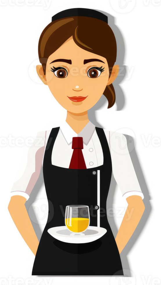 A friendly waitress holding a tray with a drink. png