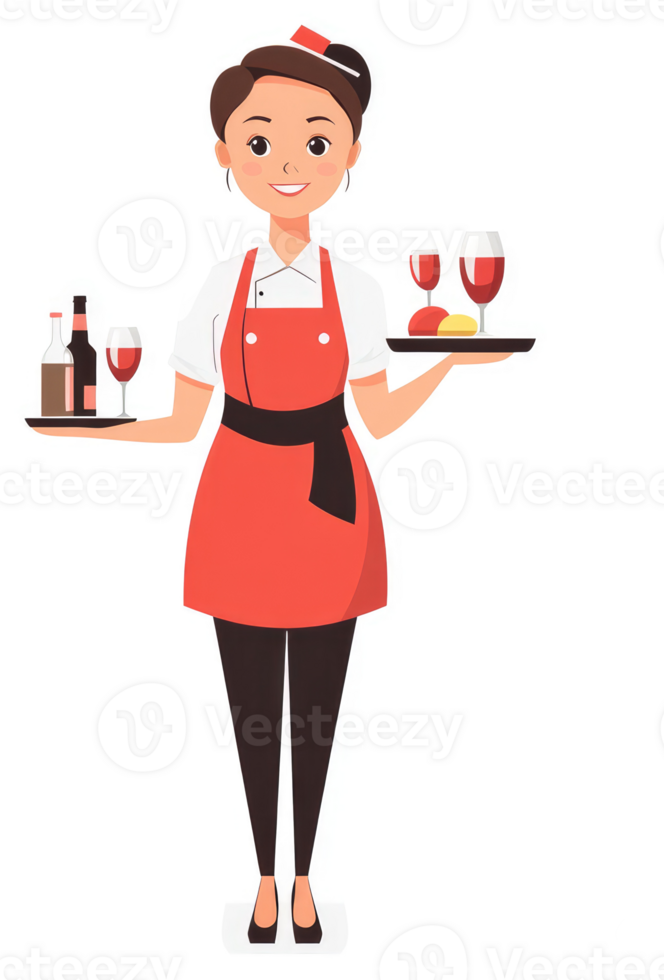 A smiling waitress carrying a tray of wine and appetizers. png
