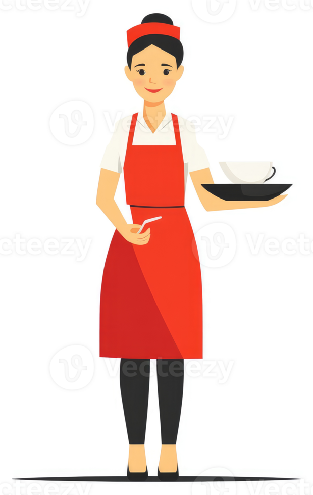 A friendly female server holding a tray with drinks and food. png