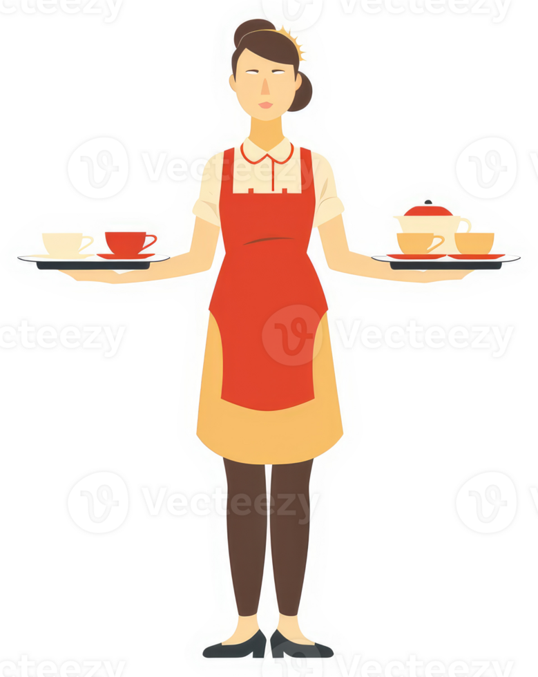A woman in a red apron serving tea on trays. png