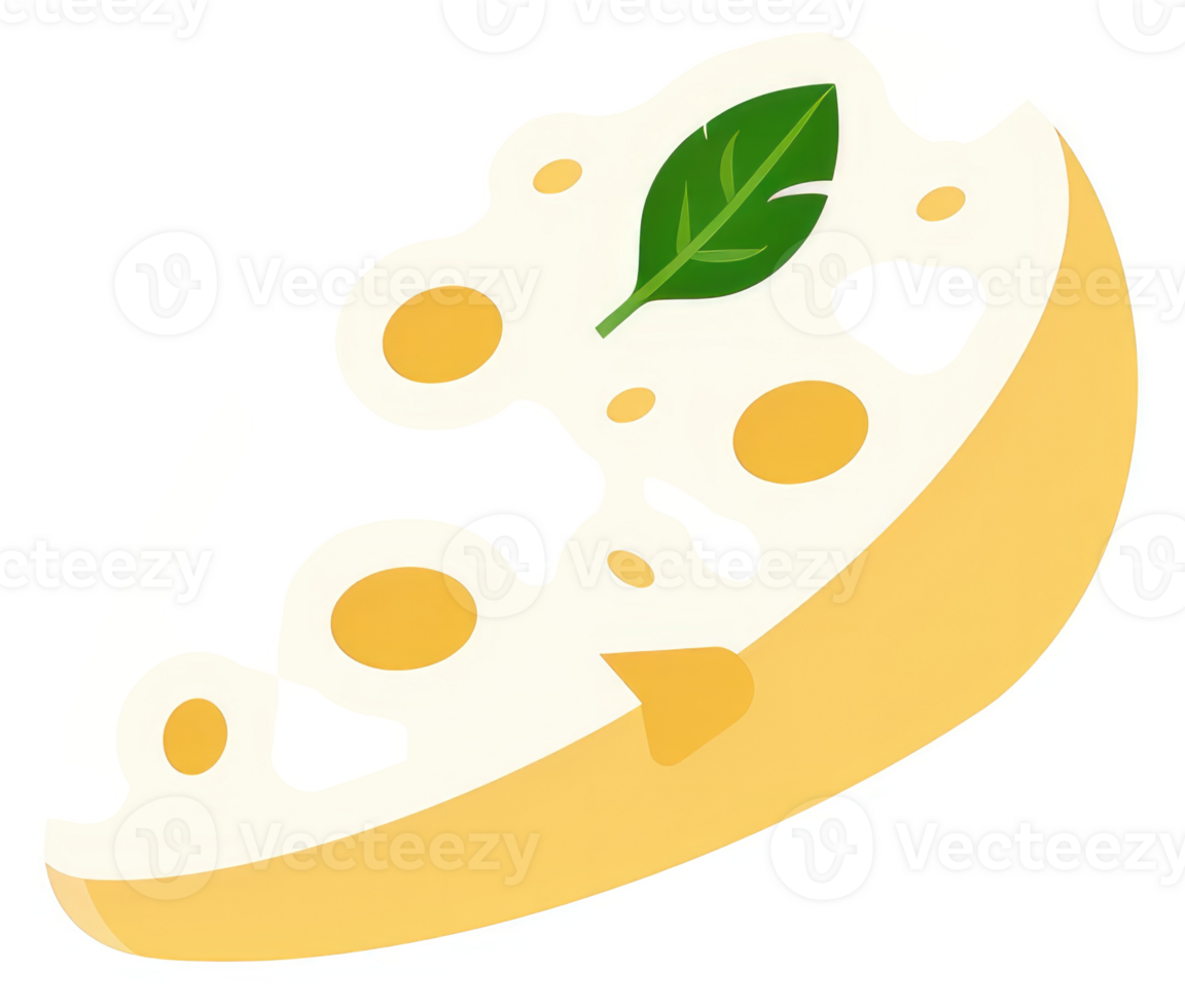 A slice of cheesy bread with a basil leaf. png
