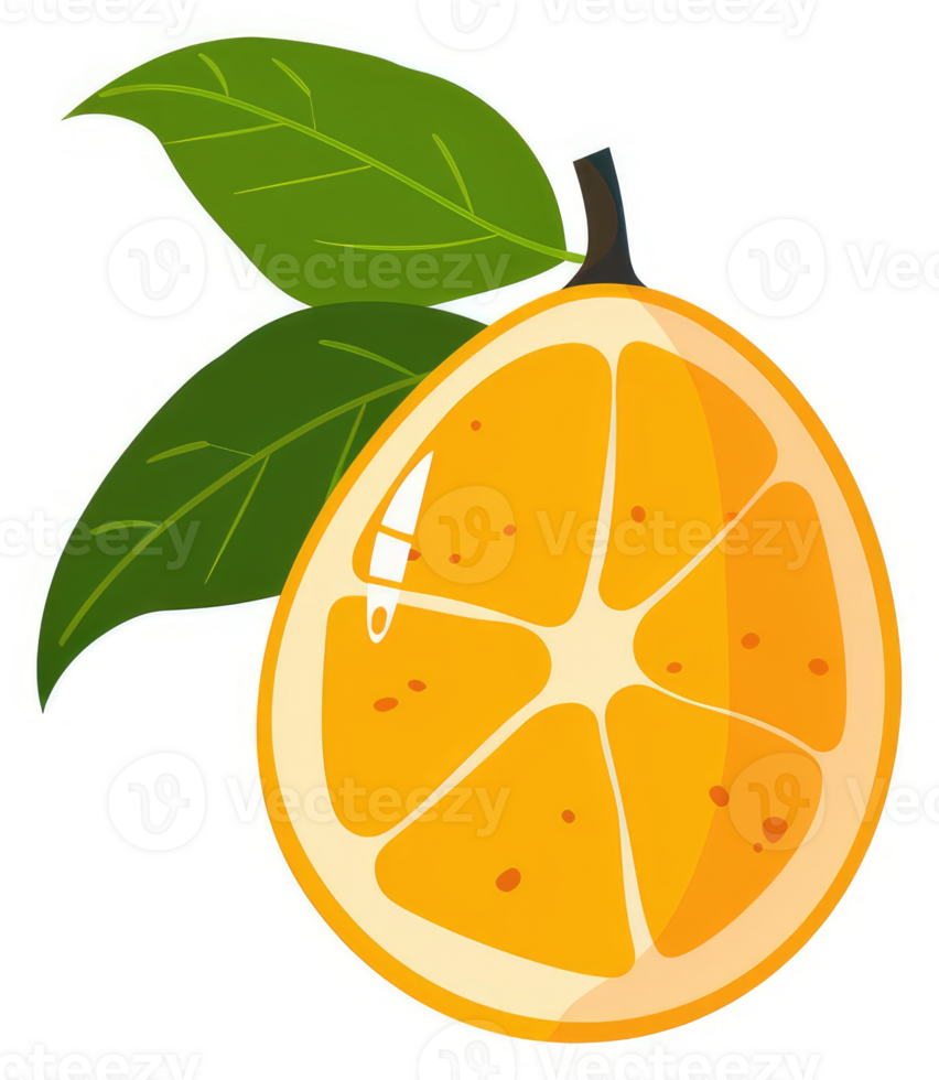 A vibrant illustration of a sliced orange with leaves. png