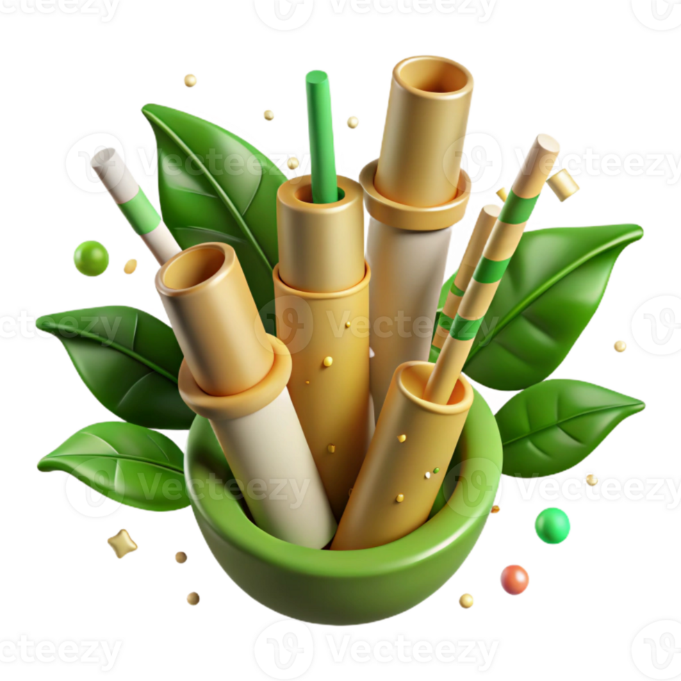impressive rustic Bamboo Straws with Green Leaves Isolated high quality png