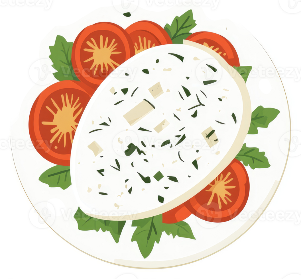 A plate of creamy white dip topped with fresh tomatoes and herbs. png