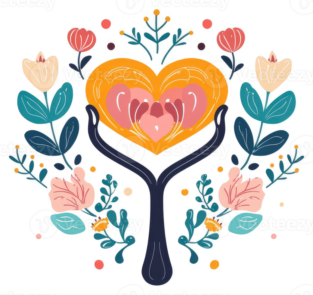 A colorful floral design with a heart held in hands, representing love and growth. png