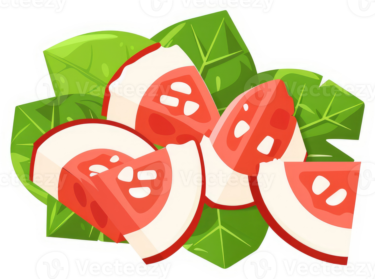 Sliced red fruit salad with fresh green leaves png