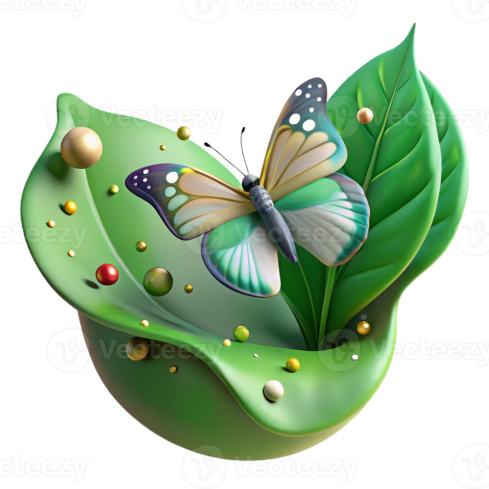 dramatic minimalist Butterfly on Leaf Green Background Transparent Background detailed png