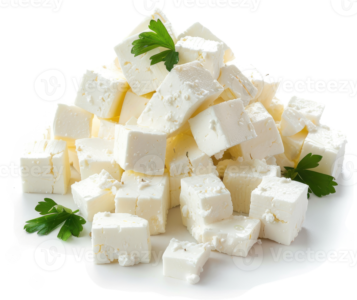 A pile of cubed feta cheese with fresh parsley. png