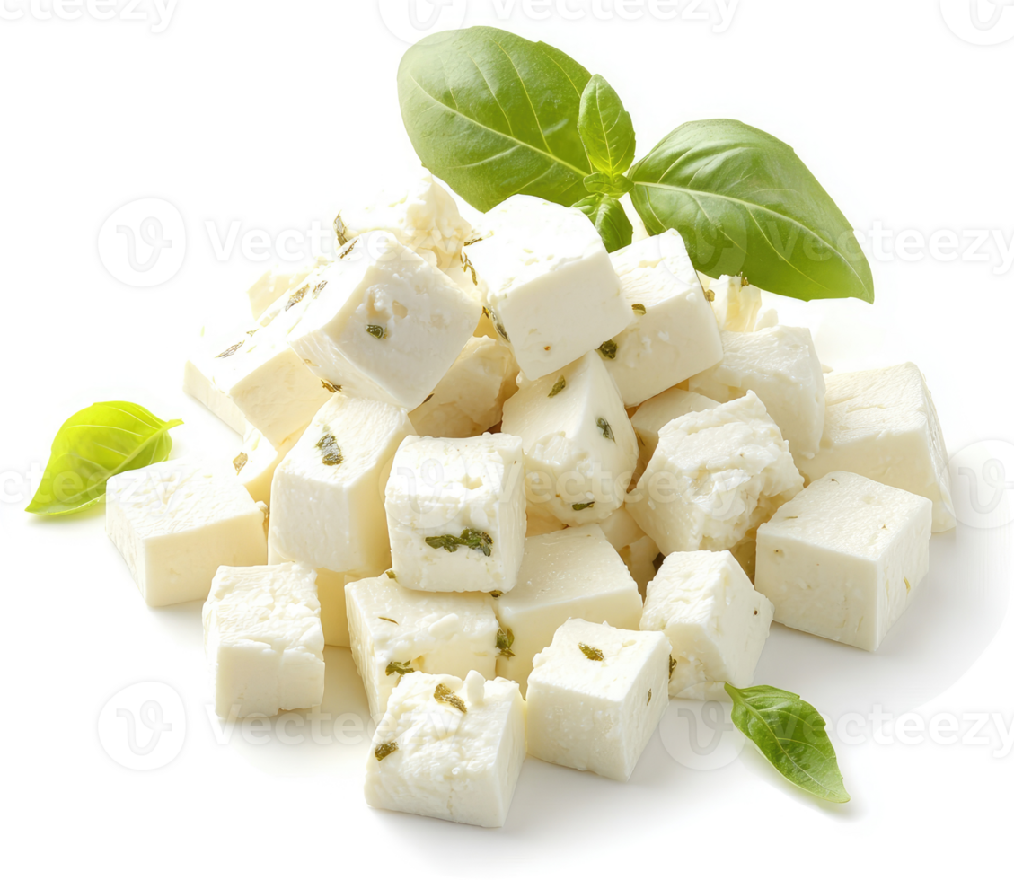 A pile of cubed feta cheese with fresh basil leaves. png