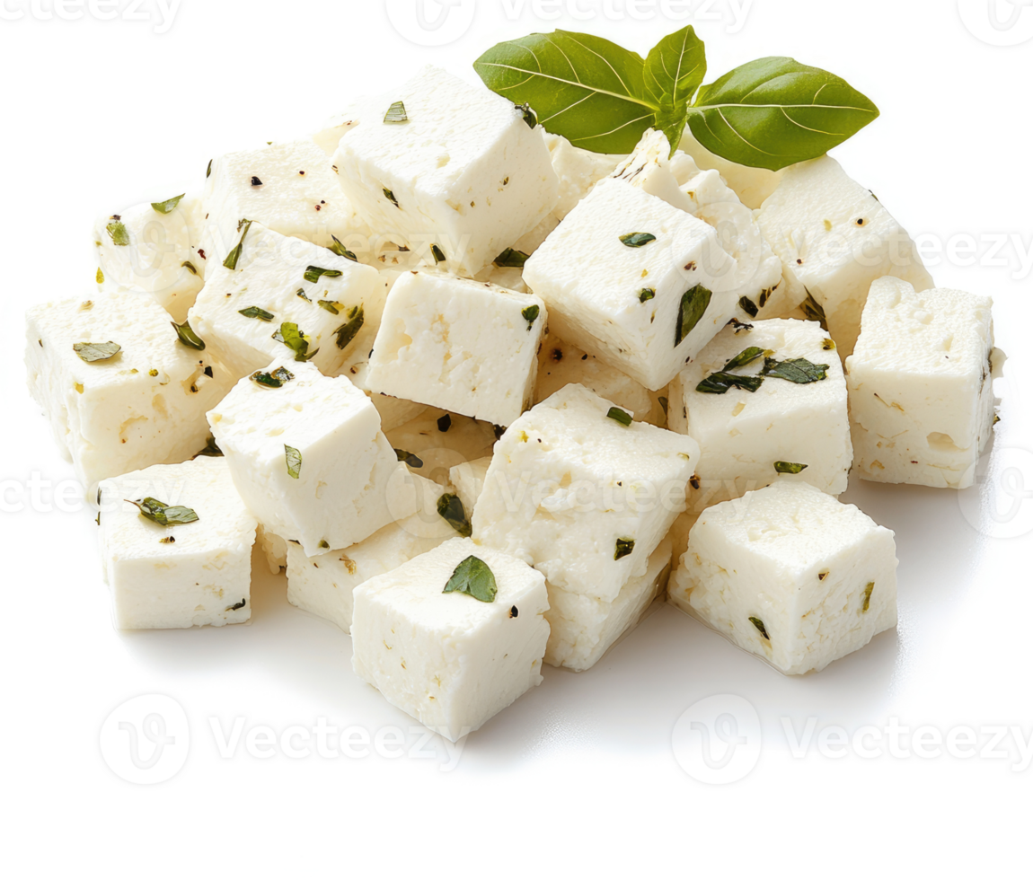 Cubed feta cheese seasoned with herbs and spices. png