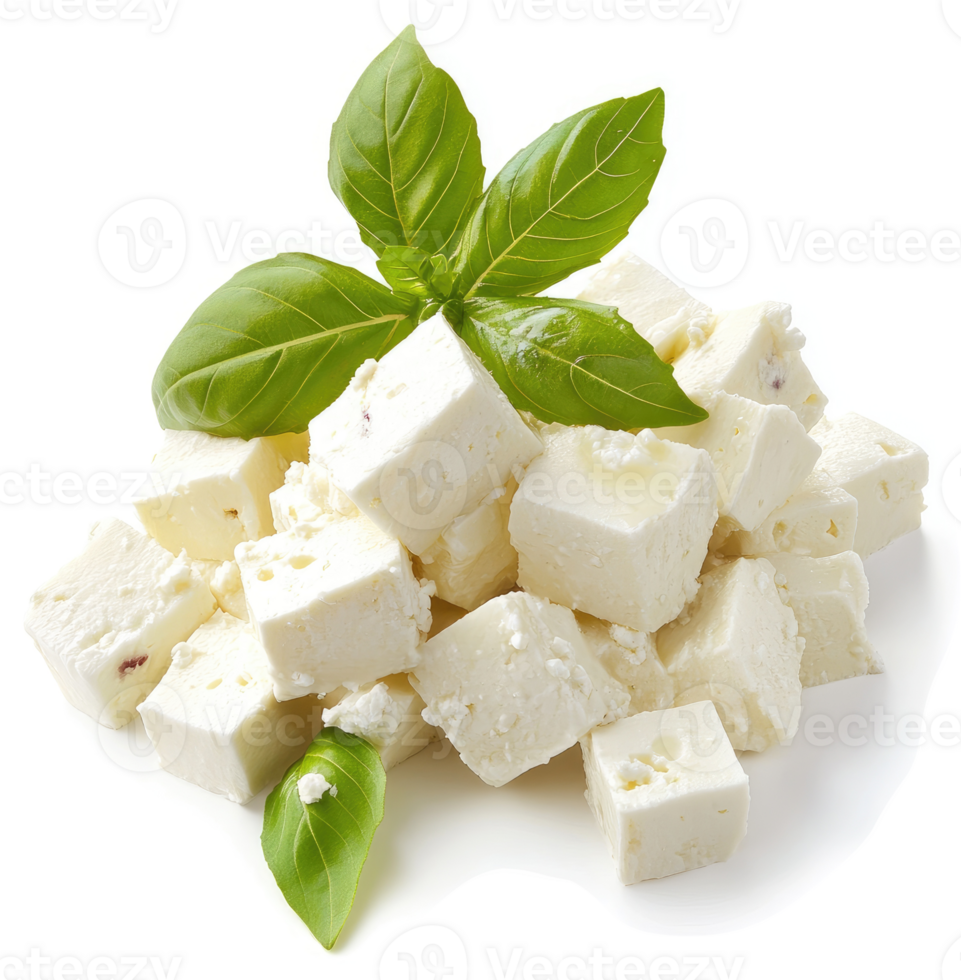 Freshly cubed feta cheese with basil garnish. png