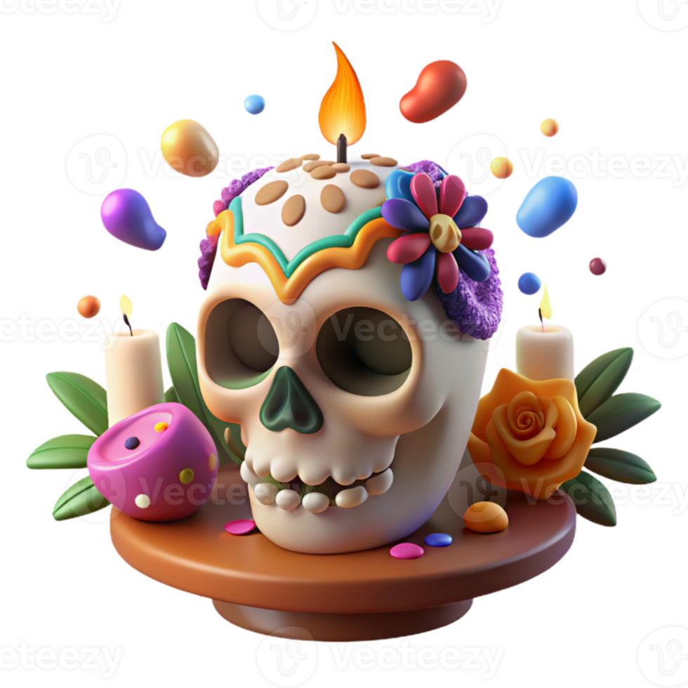 elegant artistic Day of the Dead Sugar Skull Vibrant Colors Isolated Cutout genuine png