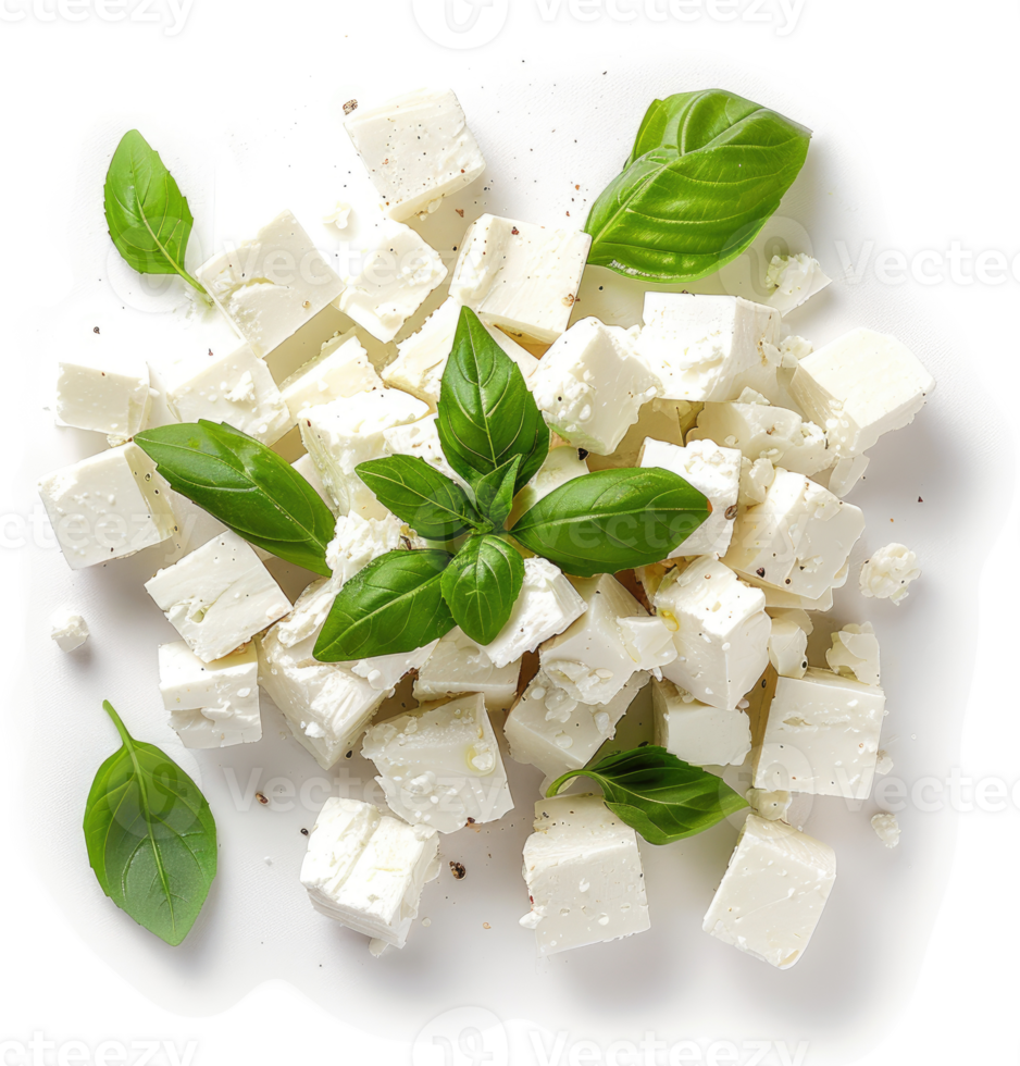 Cubes of feta cheese garnished with fresh basil leaves. png