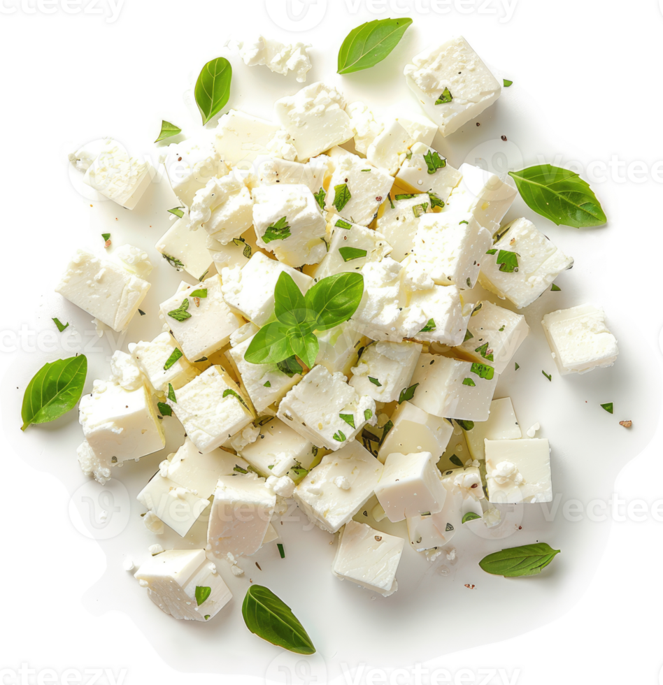 Cubed feta cheese with fresh basil garnish. png