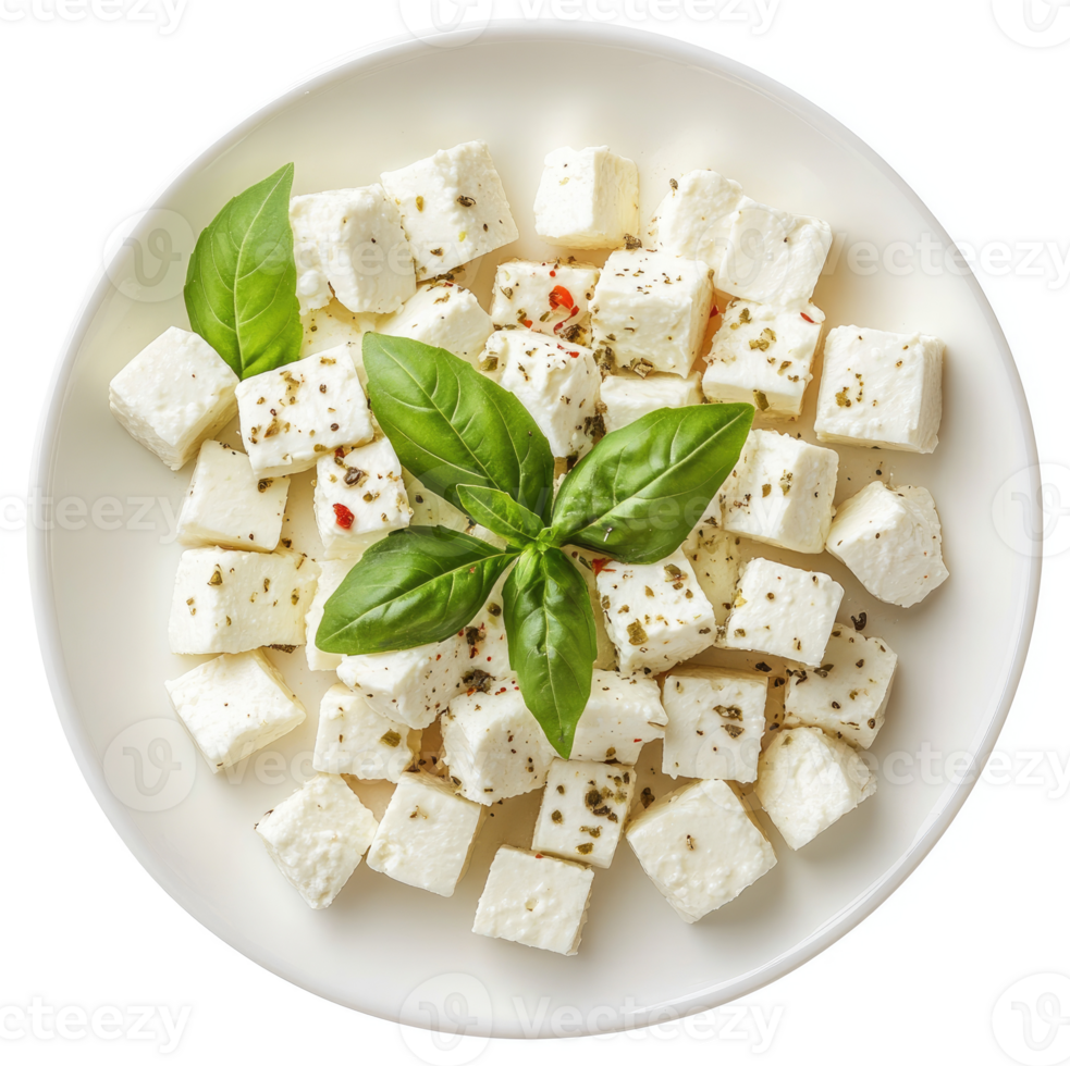 Cubed feta cheese with fresh basil and spices. png