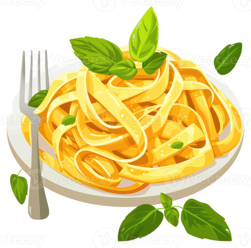 A plate of golden fettuccine pasta topped with fresh basil. png