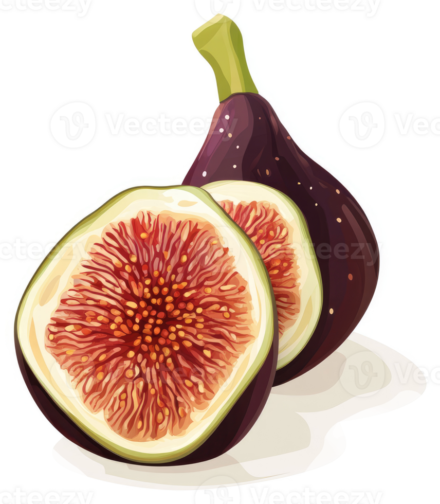 Two halved figs, displaying vibrant interior details. png