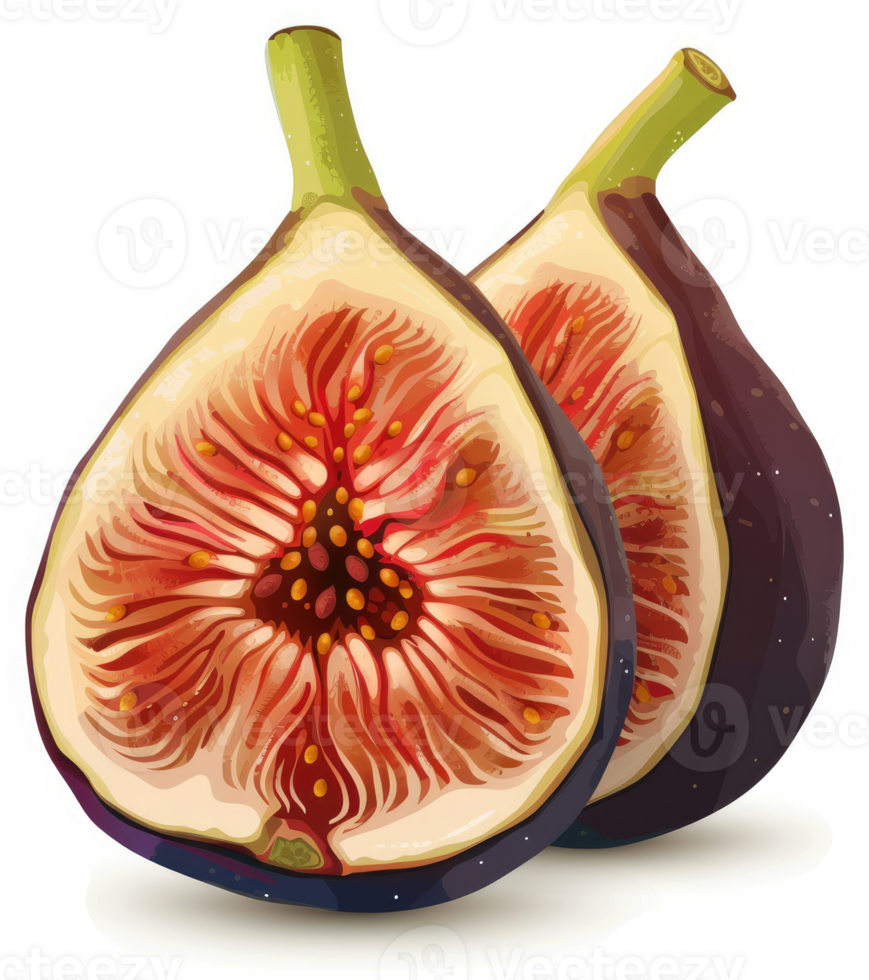 Two halves of a fig, showcasing its vibrant interior. png