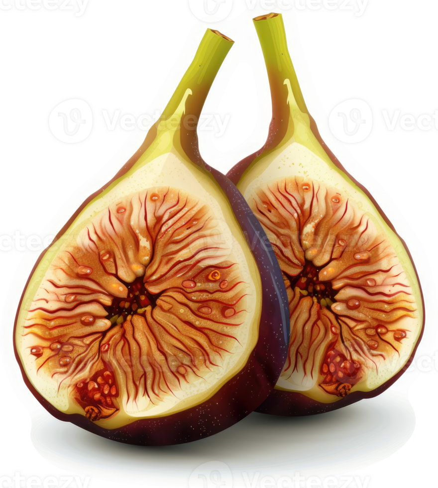 Two halves of a fig, showcasing intricate interior detail. png