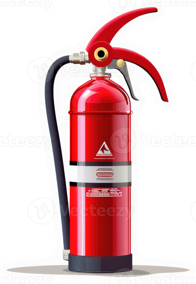 A red fire extinguisher, with a nozzle and handle, designed for fire safety. png