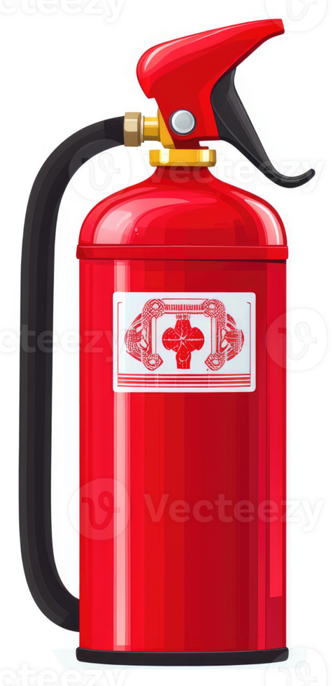 A red fire extinguisher with a safety label. png