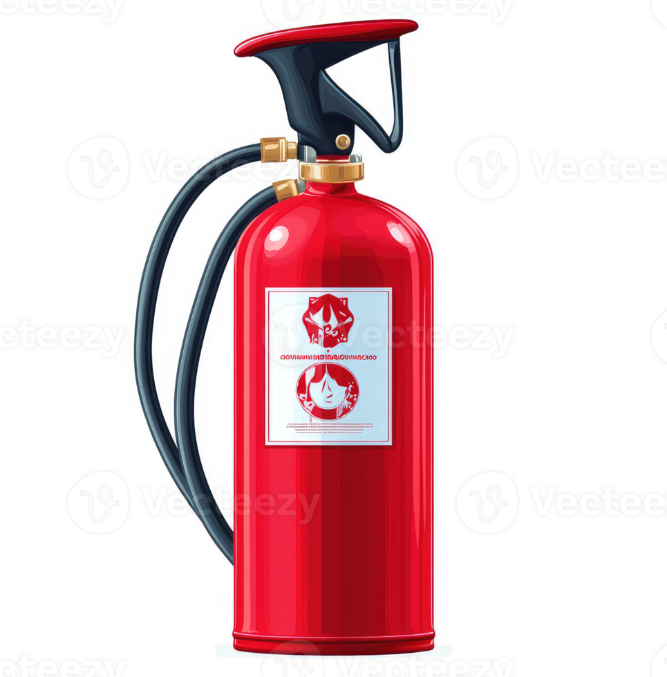 A red fire extinguisher with safety label and nozzle. png