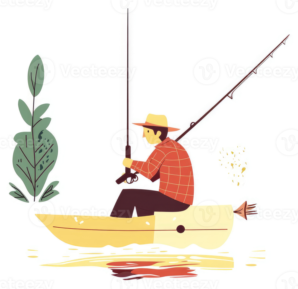 A man fishing from a small boat on a tranquil water body. png