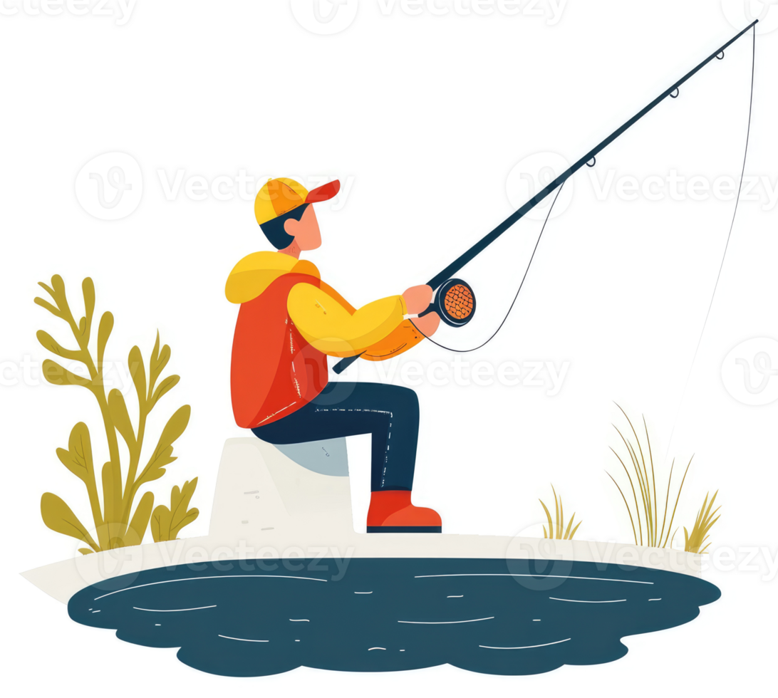 A man sits on a riverbank, fishing with a rod and reel. png