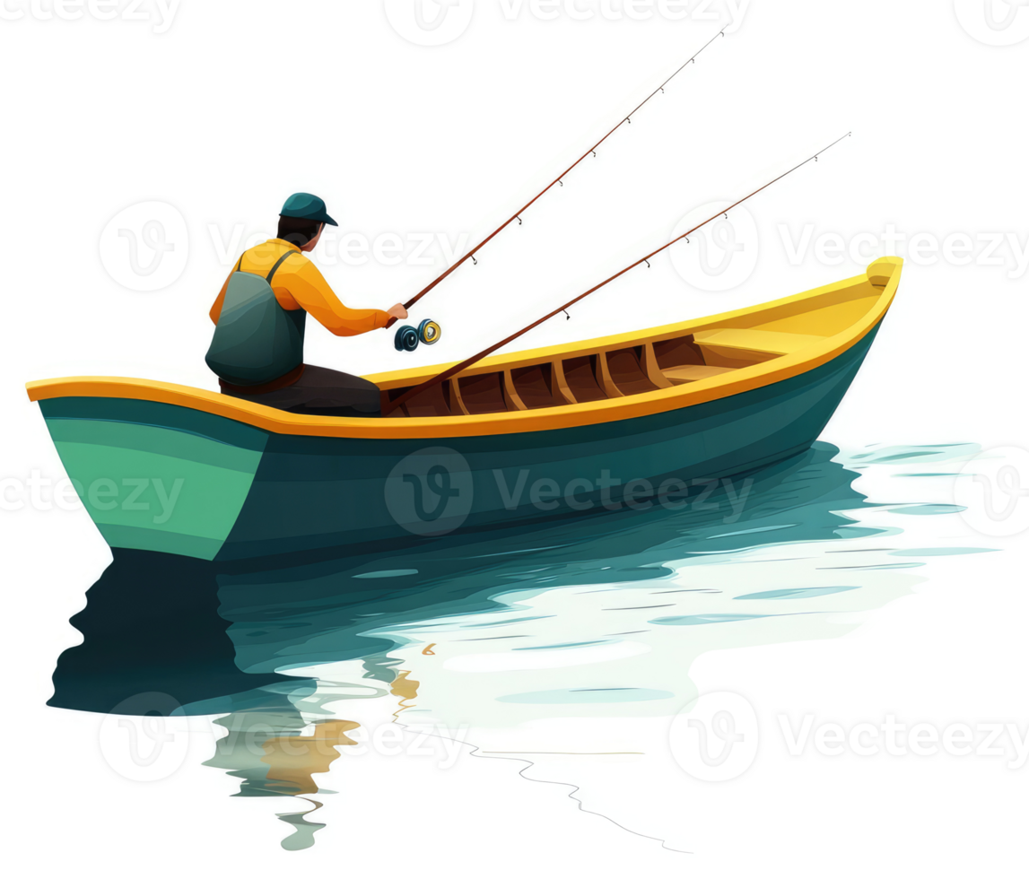 A man fishing from a small, colorful rowboat on calm water. png