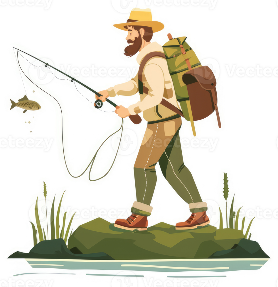 A bearded fisherman with a backpack casts a line into a tranquil river. png