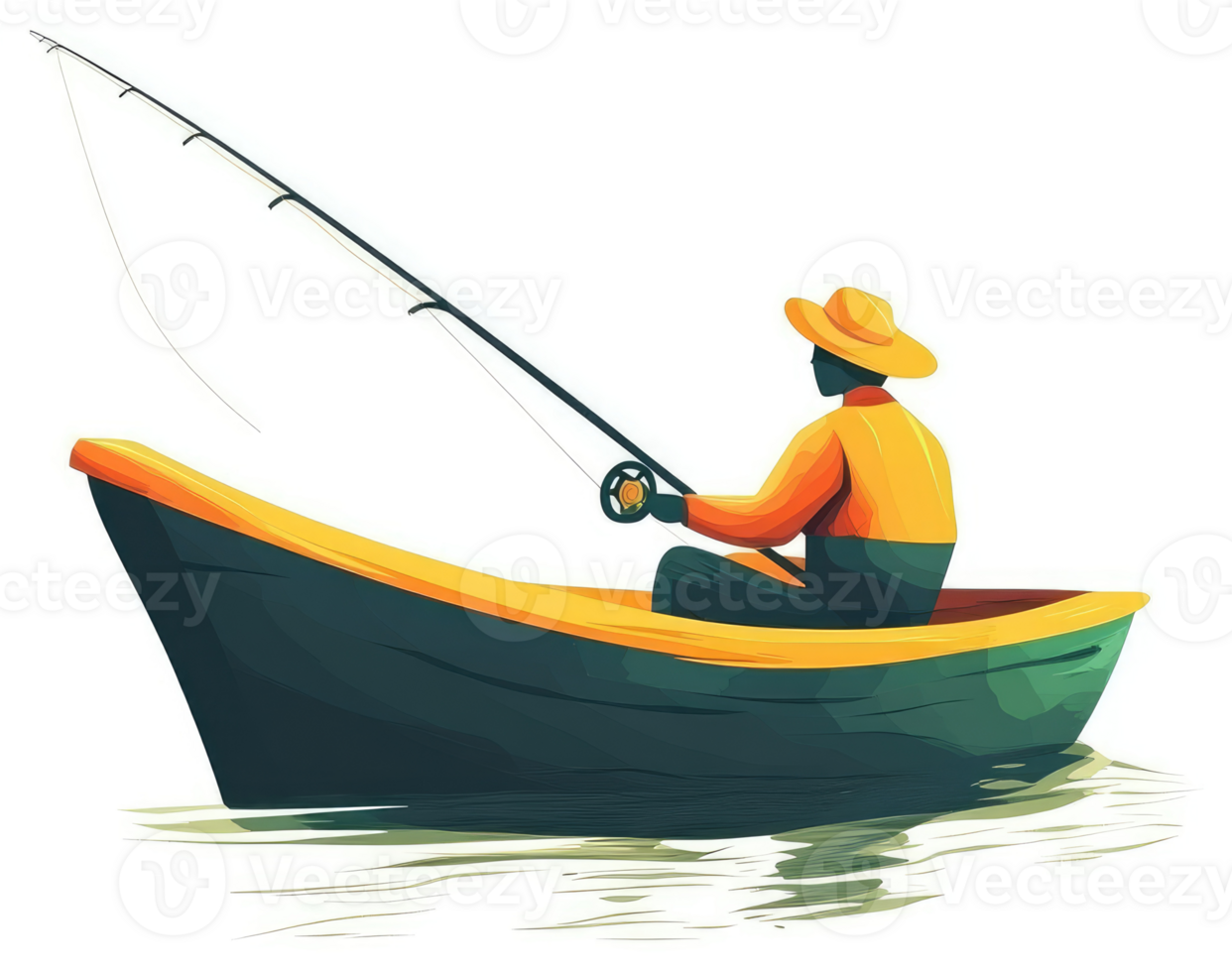 A man fishing in a small boat on calm water. png