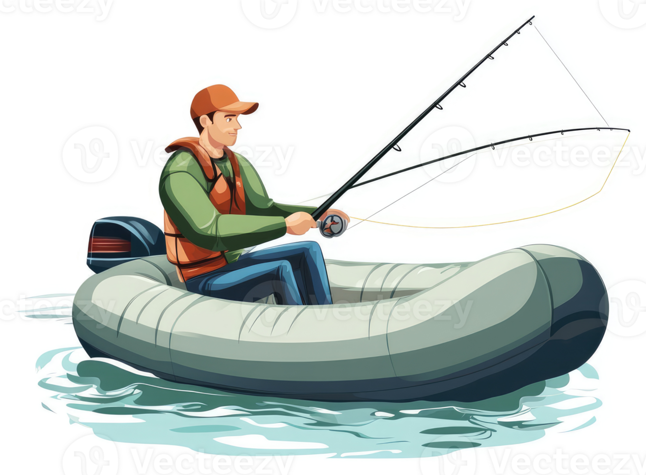 A man fishing from a motorized inflatable boat. png