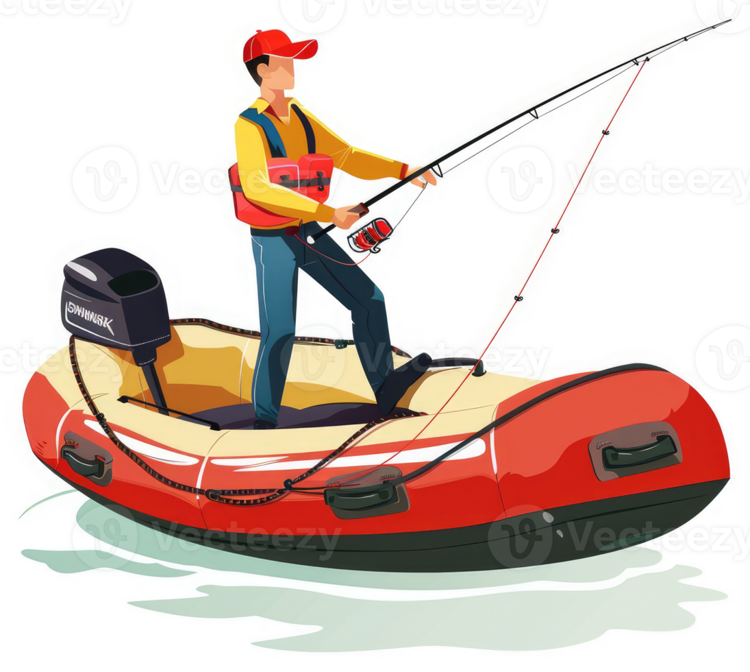 A man fishing from an inflatable boat with a motor. png