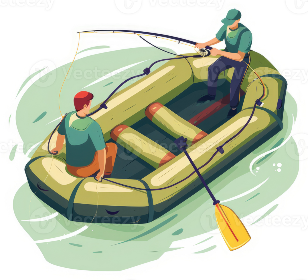 Two men fishing from an inflatable raft on a body of water. png