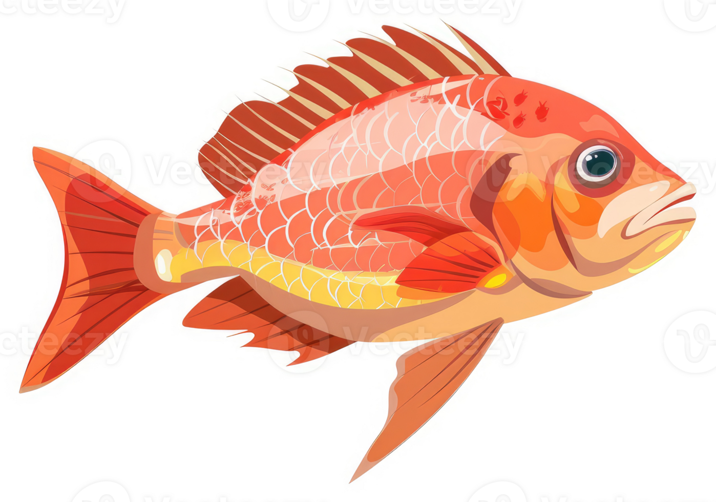 A vibrant illustration of a colorful, orange-red fish. png