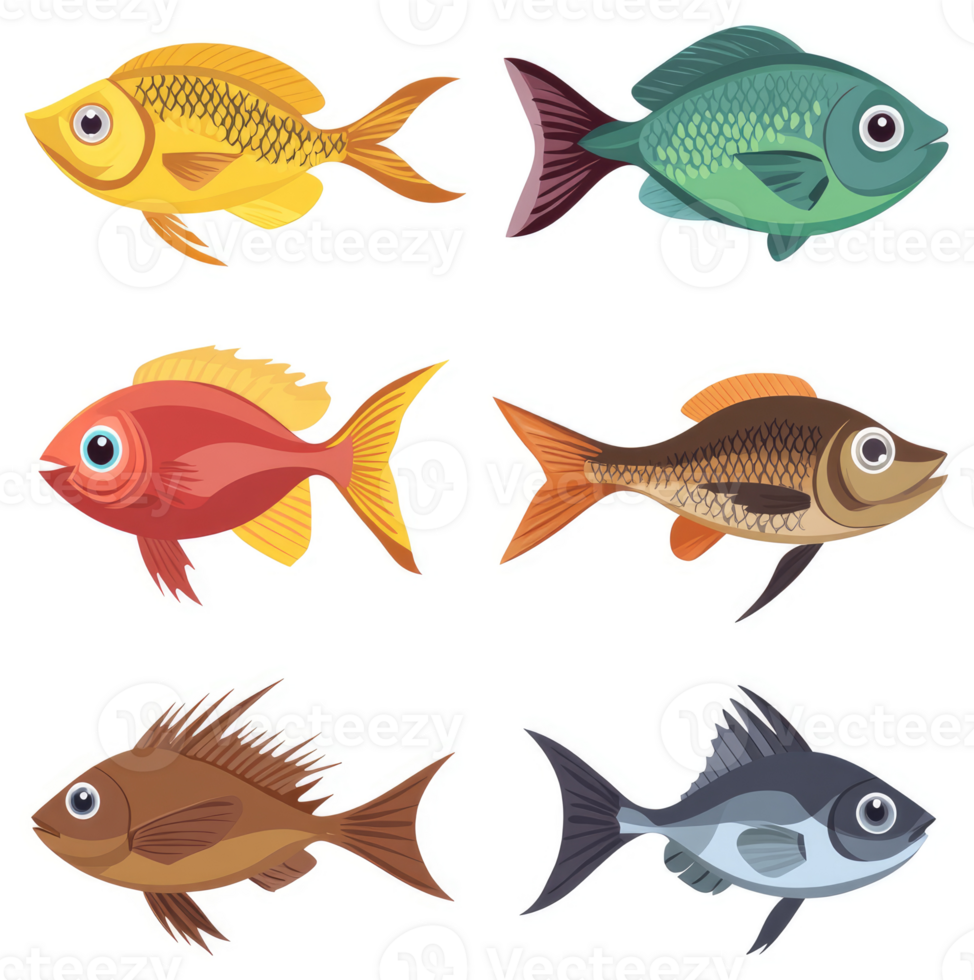 Colorful illustration of various fish species. png
