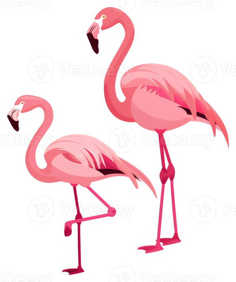 Two pink flamingos in a stylized illustration. png