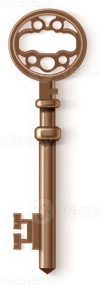 An antique, ornate copper-colored key, showcasing intricate design. png