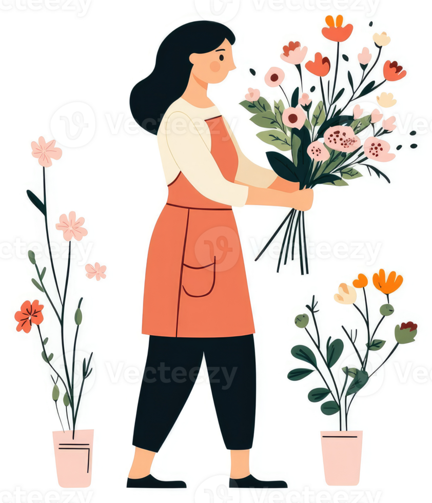A woman florist holding a beautiful bouquet of flowers. png