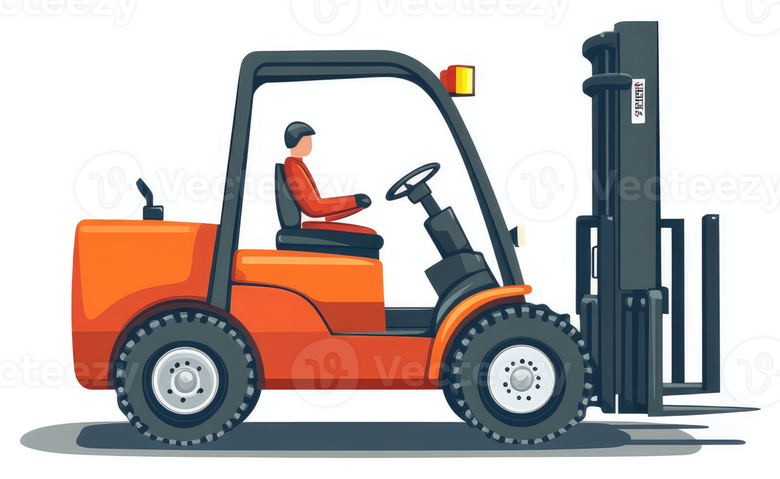 A cartoon illustration of an orange forklift with a driver. png