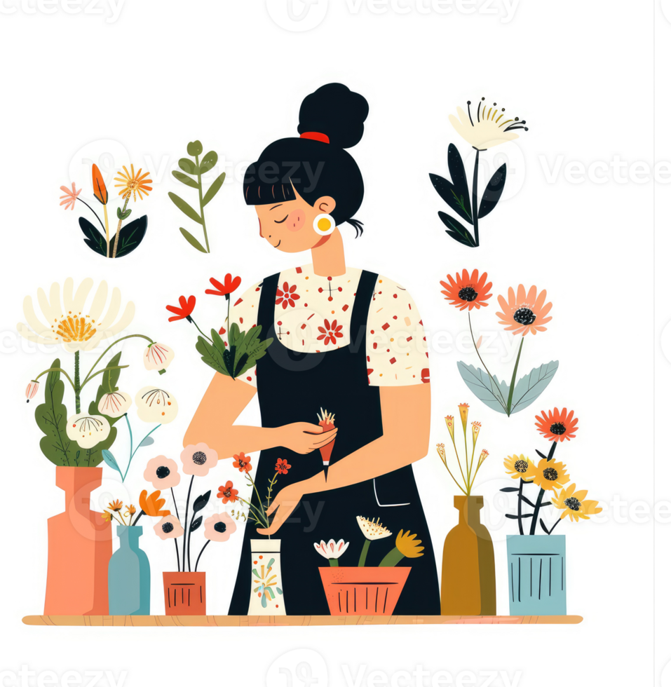 A woman arranges flowers in various vases, showcasing floral artistry. png