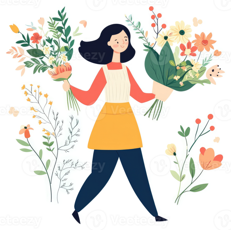 A woman florist carrying bouquets of flowers amidst a floral display. png