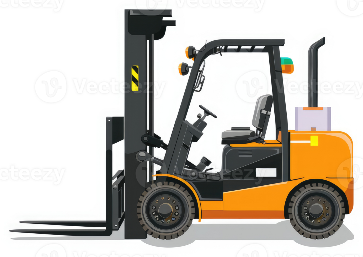 A side view of a modern forklift, showcasing its mechanical components. png